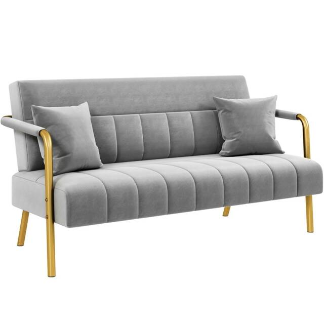 Yaheetech Upholstered Sofa Couch with Gold-tone Metal Arms and Legs Grey Light Grey Two Seater