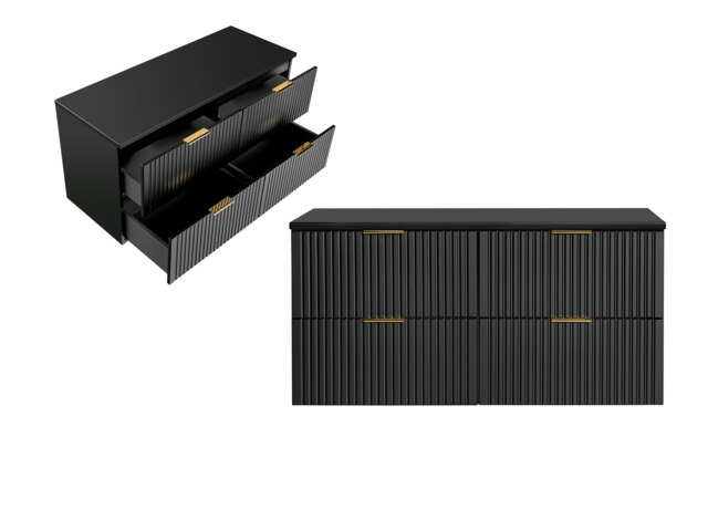 Double Bathroom Vanity Unit 1200mm Countertop Ribbed Textured Black Wall Hung Floating Cabinet - Adel