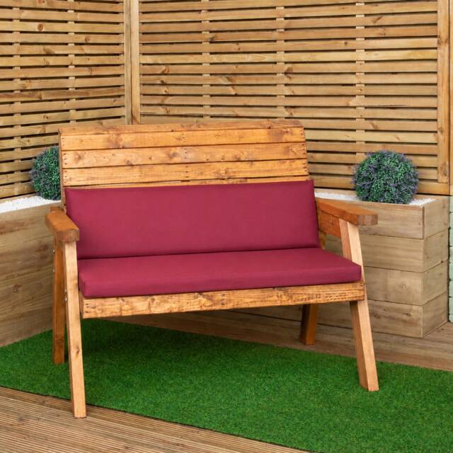 Hand Made Traditional 2 Seater Chunky Rustic Wooden Garden Bench with Burgundy Cushions. Flat Packed