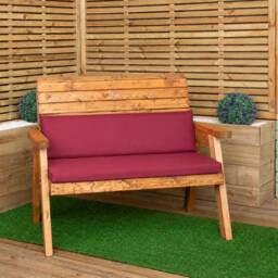 Hand Made Traditional 2 Seater Chunky Rustic Wooden Garden Bench with Burgundy Cushions. Flat Packed