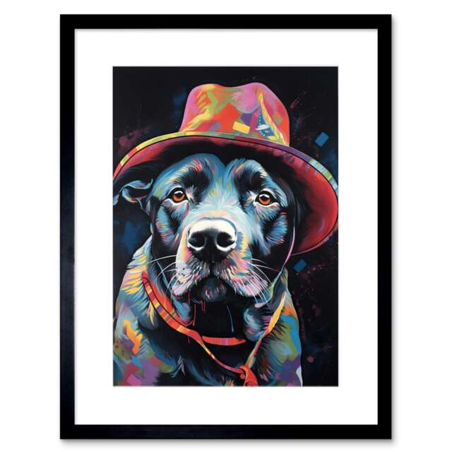 "Pit Bull Terrier Dog Red Cowboy Hat Portrait 9x7"" Black Framed Wall Art Print"