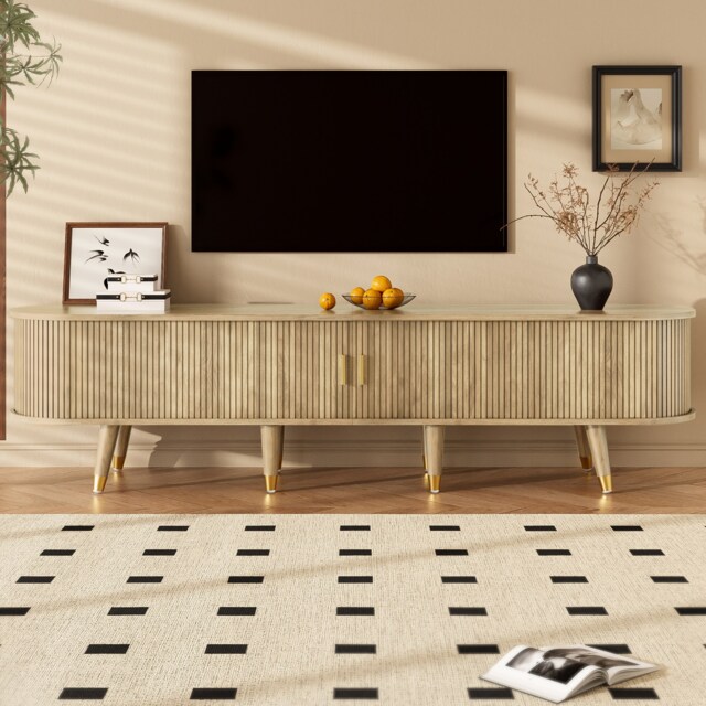 VILUXE 175 x 38 x 45cm Light Wood TV Stand with Sliding Door, Open Shelves, Drawers, Closed Storage and Gold-Tone Details, MDF Country-Style Media Cabinet