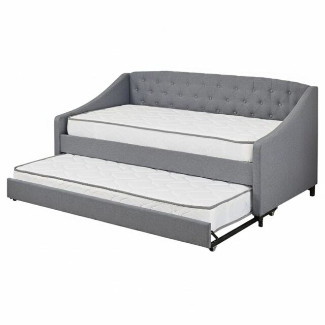 Daybed with Trundle Grey 3ft Single with 2 Mattresses Fabric Tufted Wooden Bedroom Grey One Size