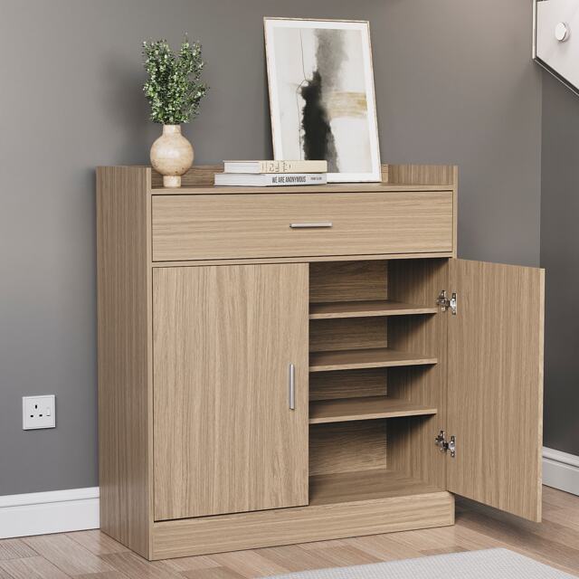 Vida Designs Dalby 2 Door 1 Drawer Shoe Cabinet Shoe Rack Storage Cupboard, Oak
