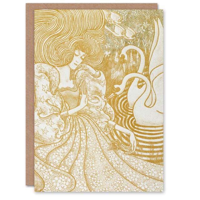 Jan Toorop Art Card Woman With a Butterfly at Pond with Two Swans