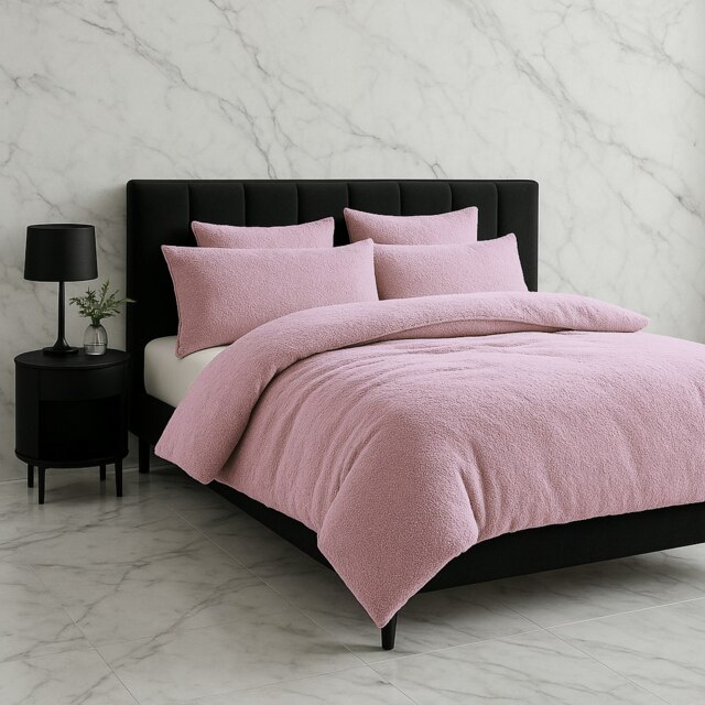 Teddy Bear Fleece Soft Cosy Duvet Cover + Pillow Case Set Pink Double