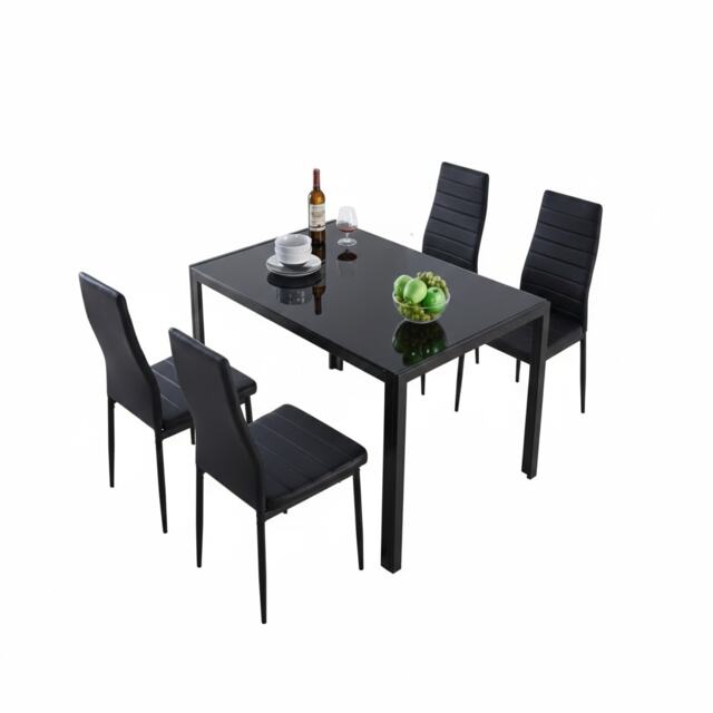 Black Glass Dining Table and 4 Black Faux Leather Chairs Set Dining Room Furniture