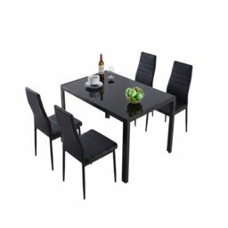 Black Glass Dining Table and 4 Black Faux Leather Chairs Set Dining Room Furniture