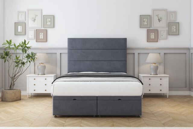 "Sloomy Texas Steel Plush Ottoman Bed Base With 54"" Floor Standing Headboard 4' Small Double Grey Steeel Small Double 1"