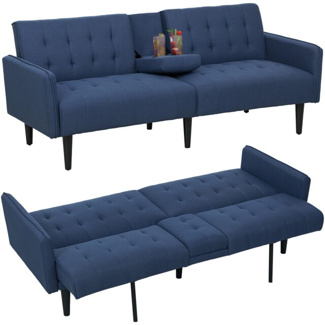 HOMCOM Upholstered Sofa bed 3 Seater Home Theater with Storage Dark Blue Blue