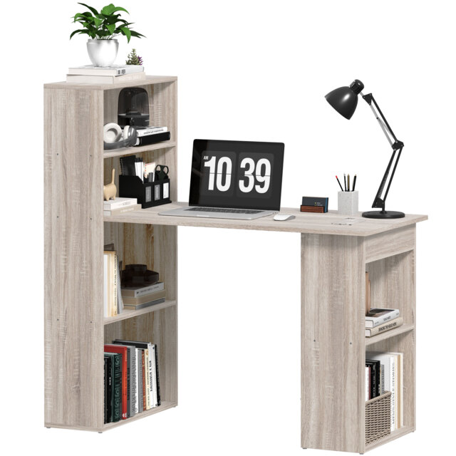 HOMCOM 120cm Computer Desk, Wooden PC Laptop Table with 6-Tier Storage Bookshelves, Home Office Working Study Desk, Writing Workstation, Grey Grey