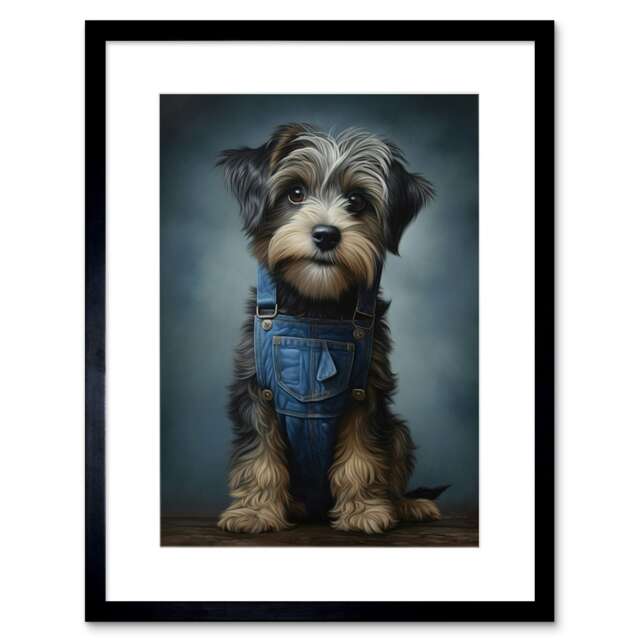 "Adorable Shorkie Dog Blue Jean Dungarees 9x7"" Black Framed Wall Art Print"
