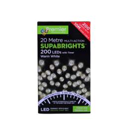 200 LED 16m Indoor Outdoor Christmas Multi Function Mains Operated String Lights with Timer in Warm White