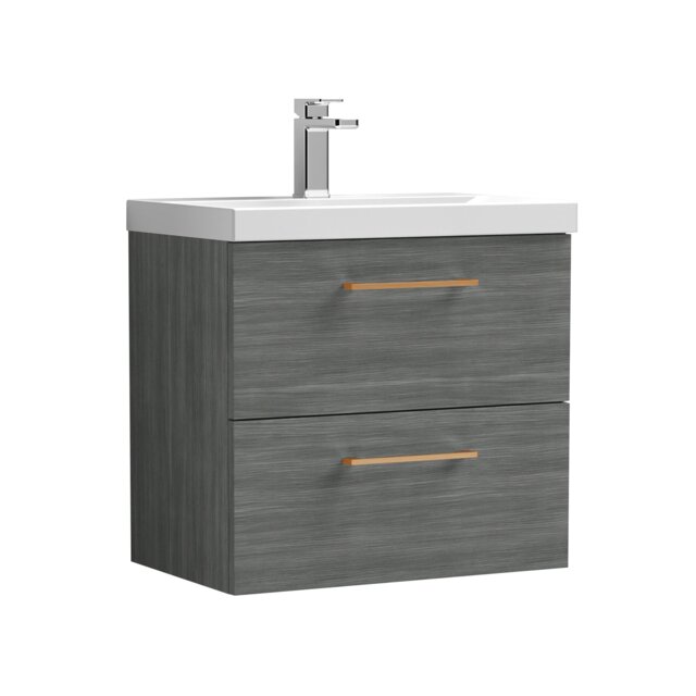 Balterley Wall Hung Bathroom 2 Drawer Vanity Unit and 1 Tap Hole Ceramic Basin, with Handles Grey Anthracite Woodgrain