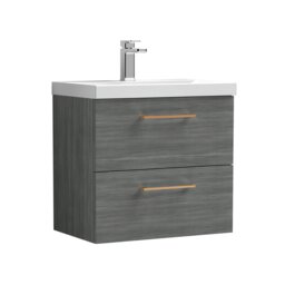 Balterley Wall Hung Bathroom 2 Drawer Vanity Unit and 1 Tap Hole Ceramic Basin, with Handles Grey Anthracite Woodgrain
