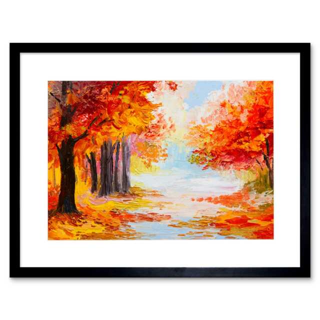 "Autumn Trees Forest Landscape Bright Painting 9x7"" Black Framed Wall Art Print"