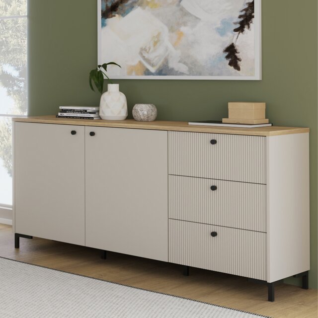 Bixbite Wide Sideboard with Fluted Drawers & Cupboard in Mauvella Oak and Sand
