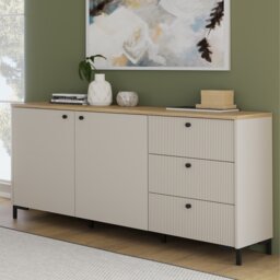 Bixbite Wide Sideboard with Fluted Drawers & Cupboard in Mauvella Oak and Sand