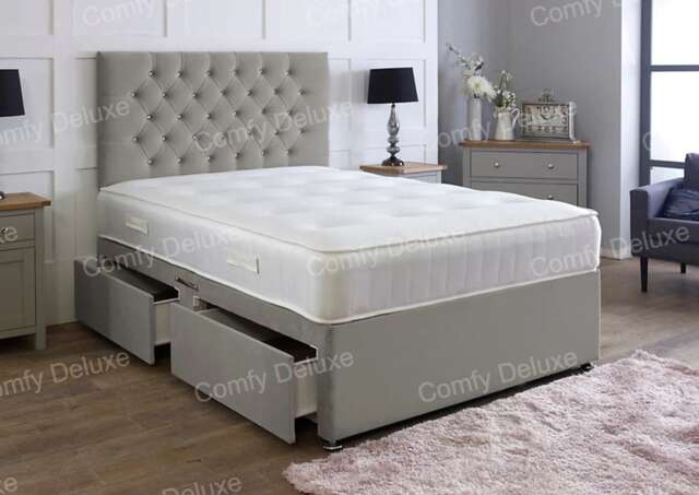 4ft Small Double Grey Plush Velvet Divan Bed With Headboard & Memory Sprung Mattress 2 Drawers Same Side