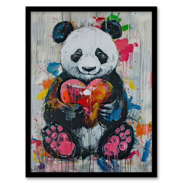 Panda Love Heart Street Art Graffiti Girls Bedroom Black Framed Wall Art Print A4