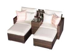 Havana 2 Seat Modular Sofa Rattan Garden Balcony Furniture Set Outdoor Drinks Cooler Table & 2 Ottomans Brown Brown Two Seater