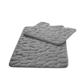 Memory Foam Pebbles Bath Mat Set Silver Grey