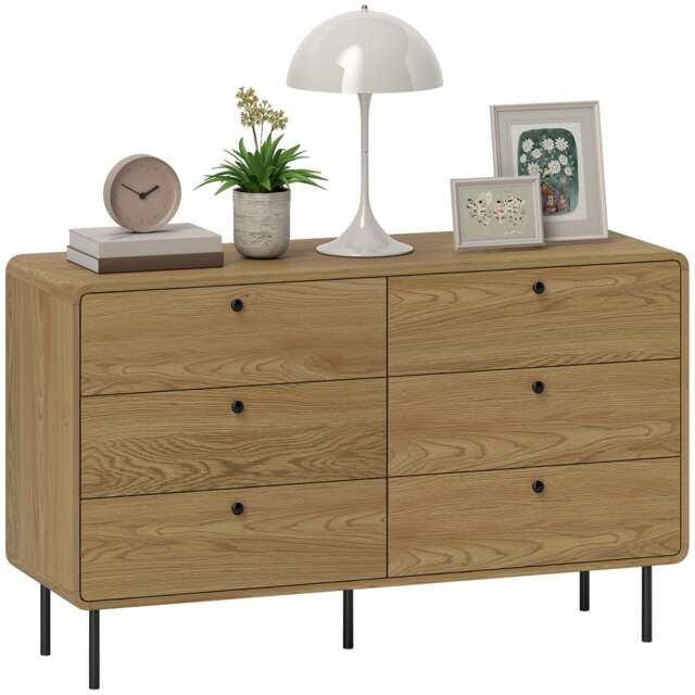 HOMCOM Chest of Drawers for Bedroom, Modern 6 Drawer Dresser, Oak White Oak