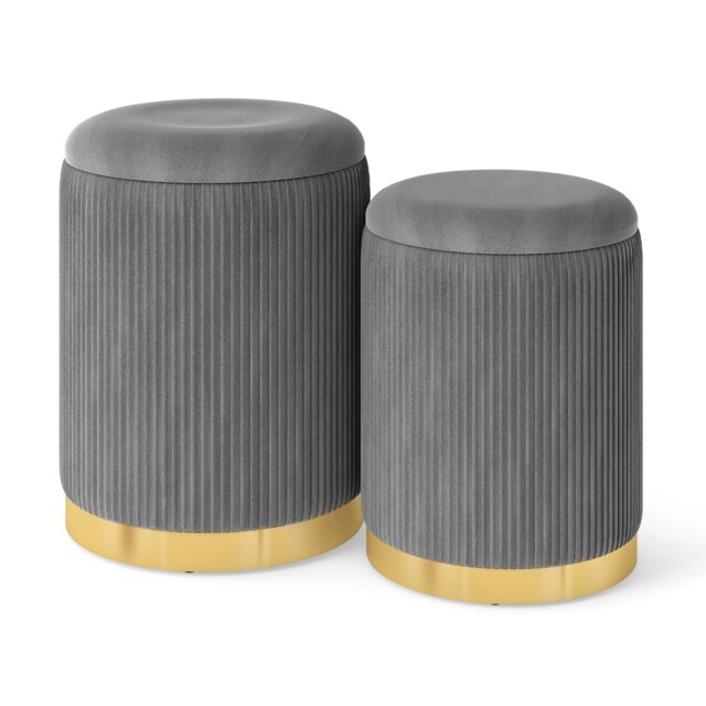 COSTWAY 2 Pcs Velvet Round Footstools Nesting Storage Ottoman Grey