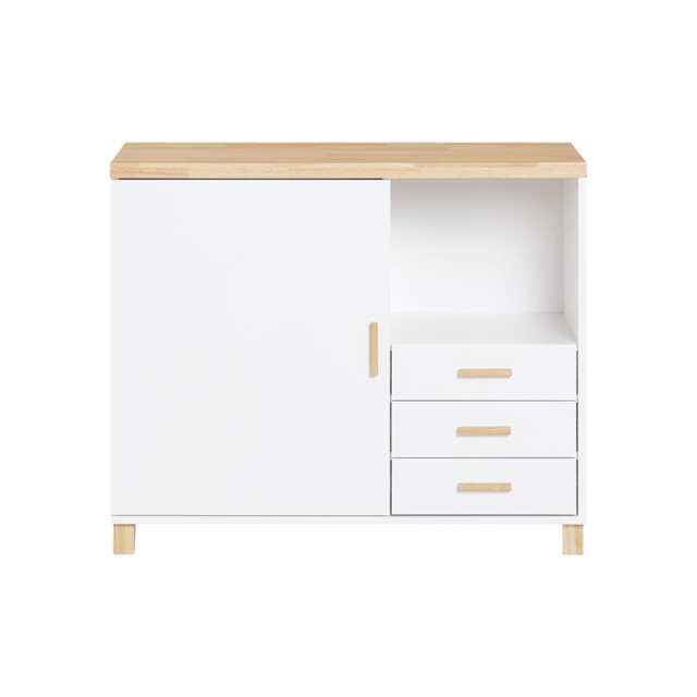 SoBuy Printer Stand Under Desk Storage Cabinet with Open Shelf and 3 Drawers, White & Natural Wood, 35.4x17.7x29.5 in, 45.1 kg - ASK07-WN