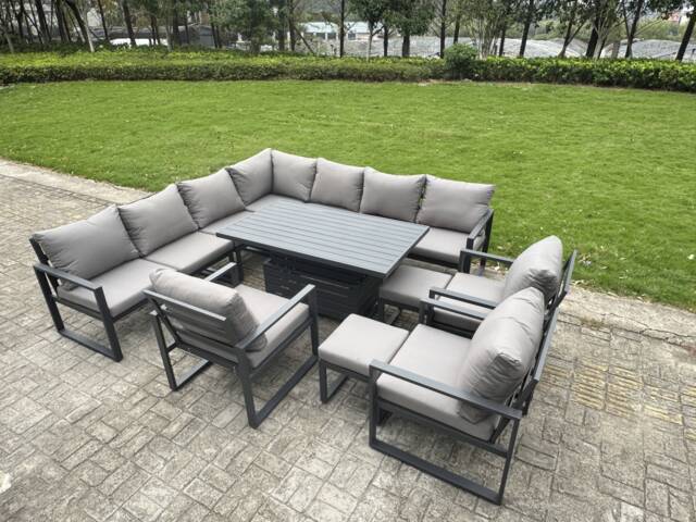 Fimous 11 Piece L-shaped Garden Furniture Set 12-Seater Aluminium Outdoor Dining Set with Adjustable Rising Lifting Dining Table 3 Chairs 2 Small Footstools Dark Grey