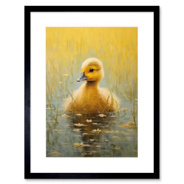 "Cute Yellow Duckling Countryside Pond Bright Bathroom 9x7"" Black Framed Wall Art Print"