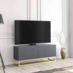 TV Unit Stand Cabinet Sideboard Media Cabinet Storage Unit Grey Fluted Gold Base 100cm