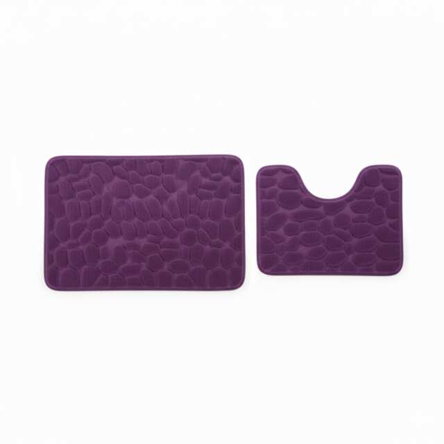 2 Piece Pebble Design Memory Foam Bath Mat Set Soft Absorbent Non-Slip Bathroom Purple Plum