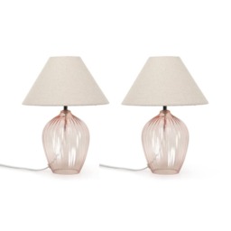 ValueLights Olivet Pair Pink Glass Table Lamps with Fabric Taper Shade Pink