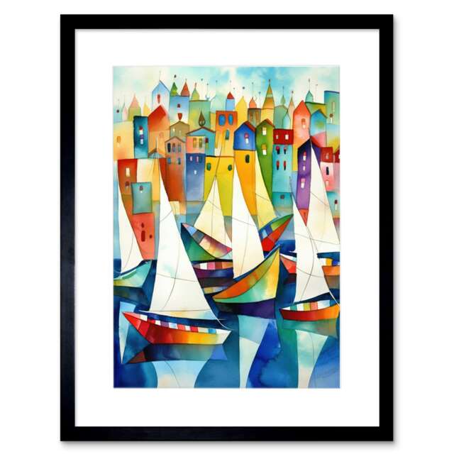 "Harbour Boats Folk Art Watercolour Painting 9x7"" Black Framed Wall Art Print"