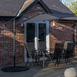 Outdoor 6 Person Rectangular Glass Top Garden Dining Table Chairs With Black Banana Parasol and Base
