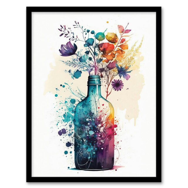 Gin Bottle Flowers Watercolour Purple Orange Black Framed Wall Art Print A4