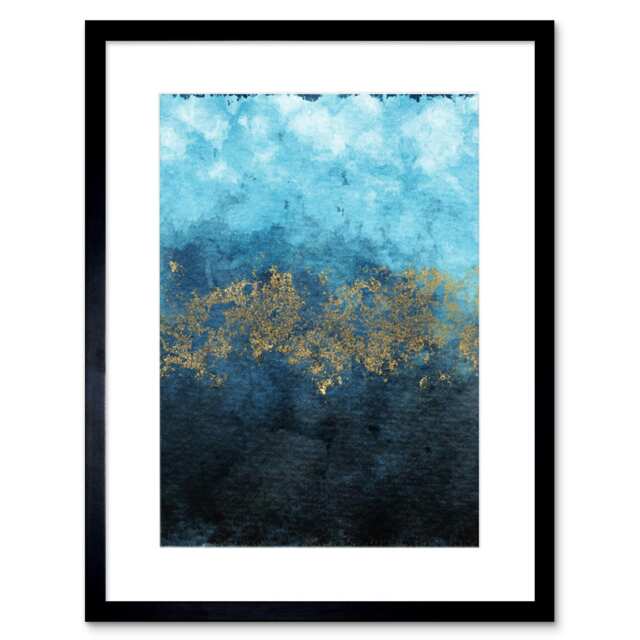 "Abstract Blue Gold Watercolour Bathroom 9x7"" Black Framed Wall Art Print"