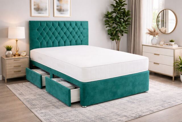 5FT Kingsize Emerald Green Coniston Divan Bed Set with Headboard & Orthopedic Mattress 2 Drawers One Each Side