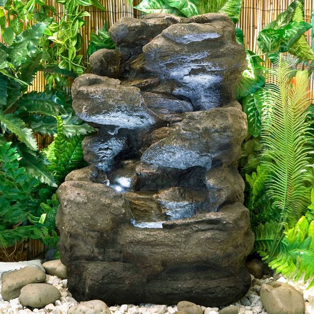 4-Tier Rock Falls Patio Garden Water Feature with LED Lights for Indoor & Outdoor Use H54cm