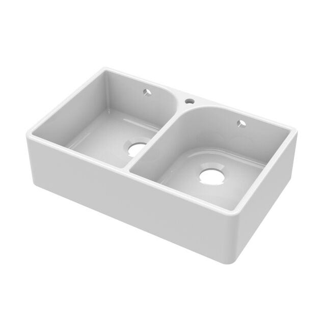 Balterley Fireclay Double Bowl Full Weir Butler Kitchen Sink, Overflow & Tap Hole White White 1