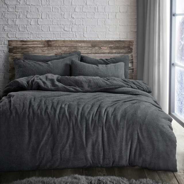 Velosso Plain Teddy Fluffy and Warm Fleece Duvet Cover Set Grey Charcoal Single