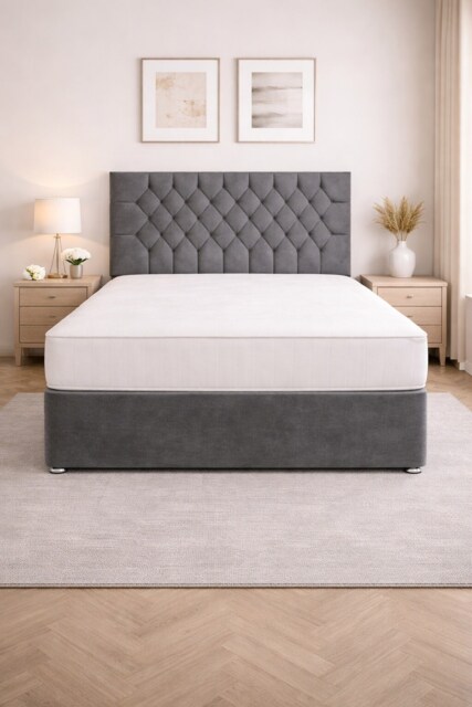 4FT Small Double Shadow Grey Coniston Divan Bed Set with Headboard & Orthopedic Mattress 2 Drawers One Each Side