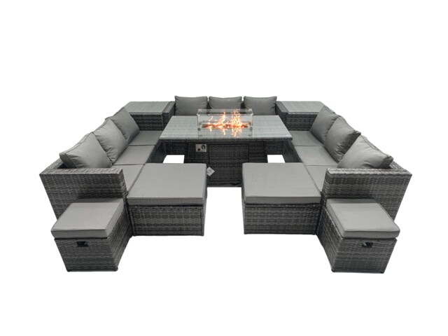 Fimous Rattan Garden Furniture Firepit Dining Set 13 Seater Lounge Sofa Table Set with 4 Footstools 2 Side Tables