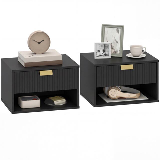 HOMCOM Floating Bedside Tables Set of 2 with Fluted Drawer Open Shelf Black Black 40W x 30D x 25H cm