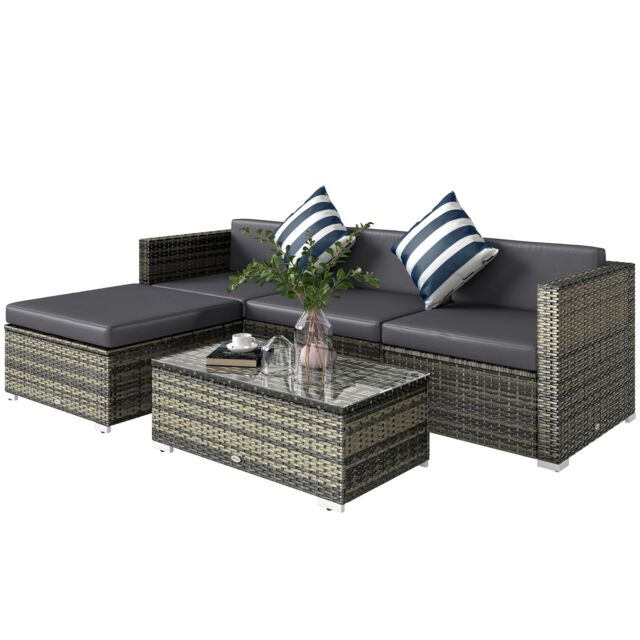 Outsunny 5 Pieces Rattan Sofa Set Wicker Sectional Cushion Patio Grey Garden Grey Grey