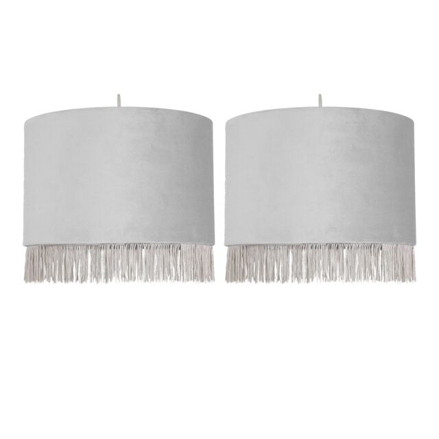Set of 2 Fringed - Silvery Grey 23cm Fringed Velvet Pendant Shades Silver Medium 2