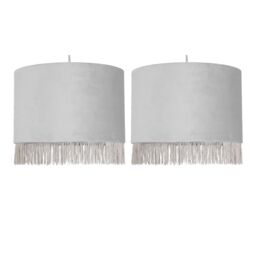 Set of 2 Fringed - Silvery Grey 23cm Fringed Velvet Pendant Shades Silver Medium 2