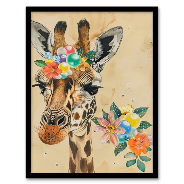 Floral Beads Headband Girafe Living Room Black Framed Wall Art Print A4