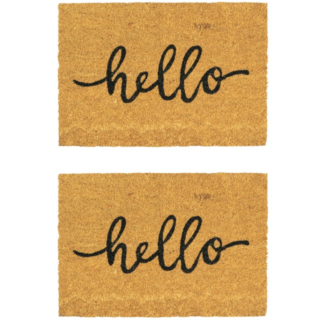 Nicola Spring 2x Coir Door Mats - 90 x 60cm - Hello - Indoor Outdoor Floor Mat Dirt Trapper Rug Non Slip Backing Doormat